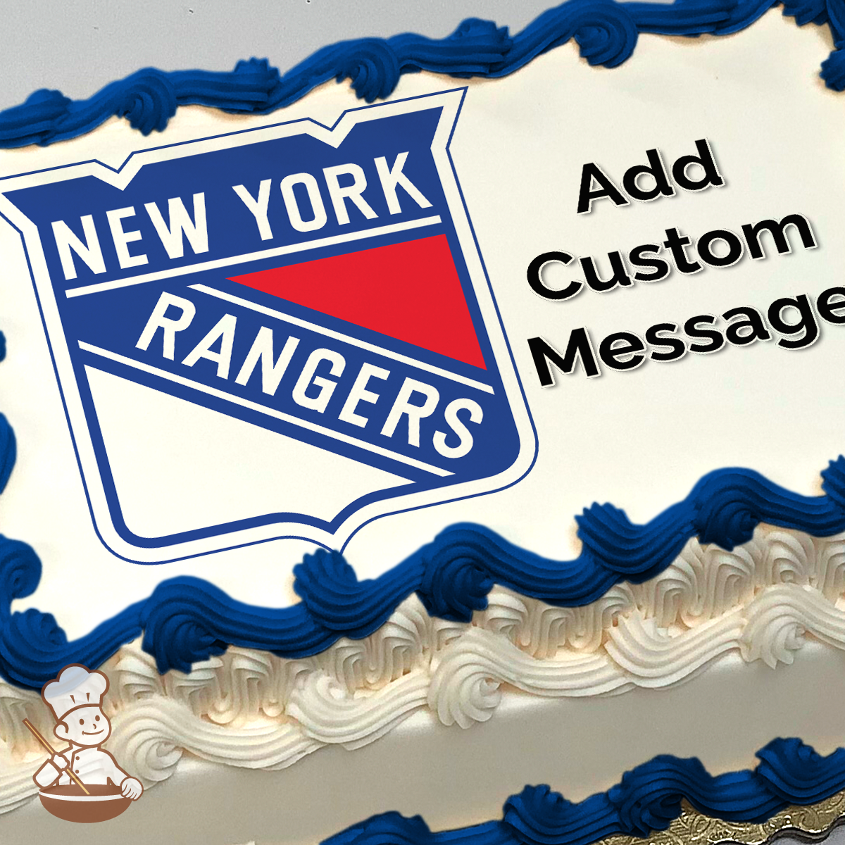 New York Rangers hockey team logo with shield design, red, white, and blue colors, on a sheet cake.