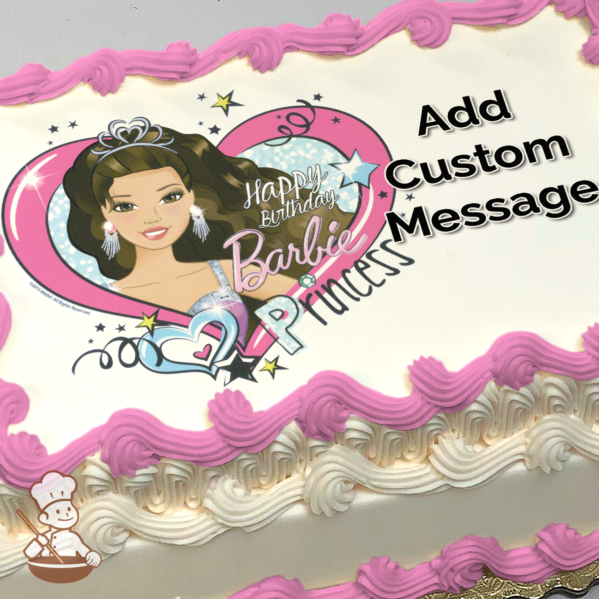 Barbie with a tiara, inside a heart-shaped frame with "Happy Birthday Barbie Princess" text, on a sheet cake.