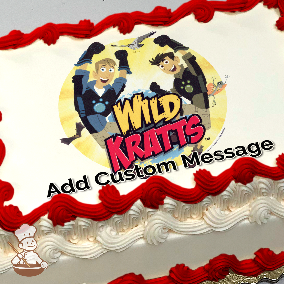 Illustration of Wild Kratts characters Chris and Martin in action poses with animals, printed on a sheet cake.