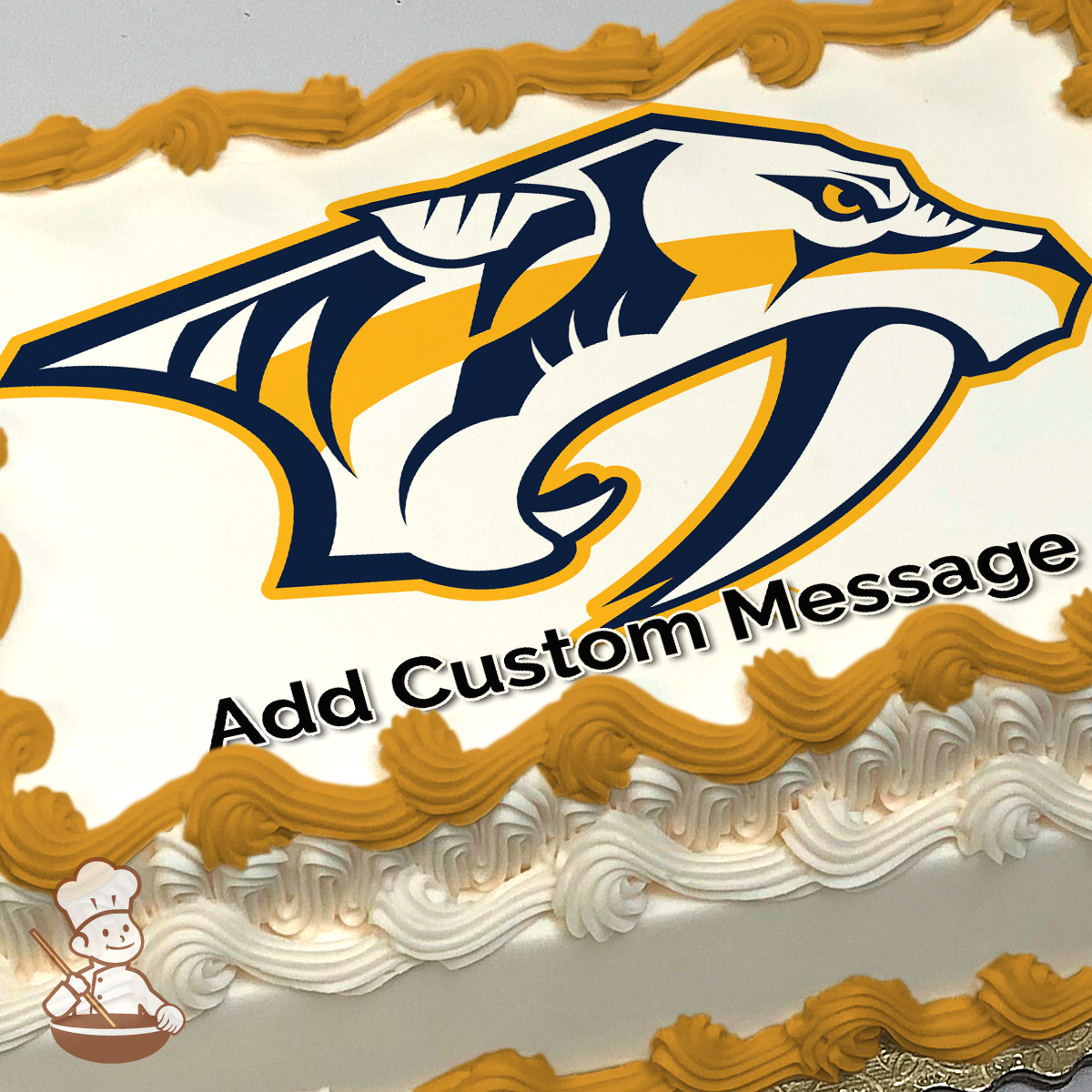 Illustration of a fierce saber-toothed tiger mascot in blue, gold, and white, centered on a sheet cake.