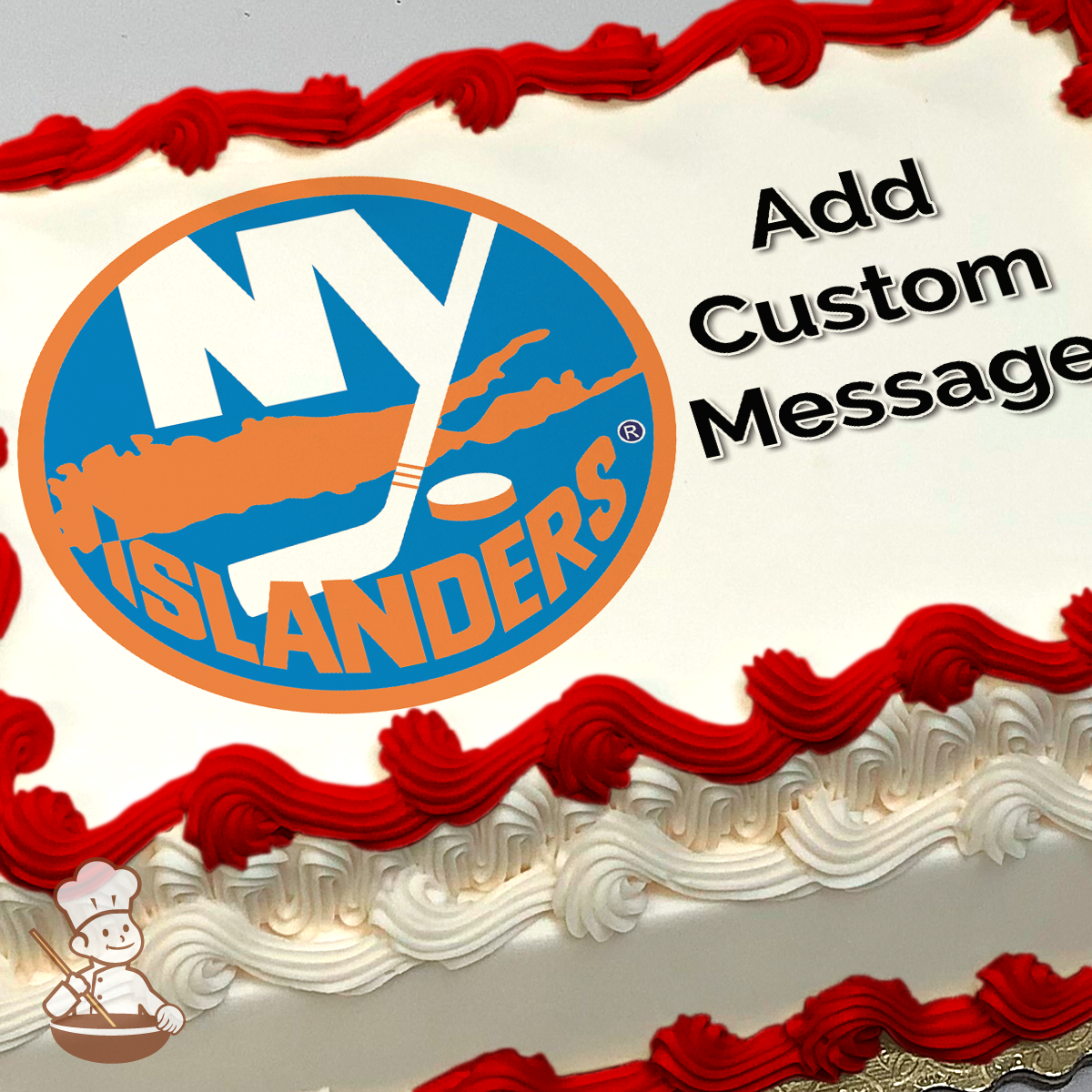 New York Islanders hockey team logo with a hockey stick and puck on a blue and orange background, printed on a sheet cake.