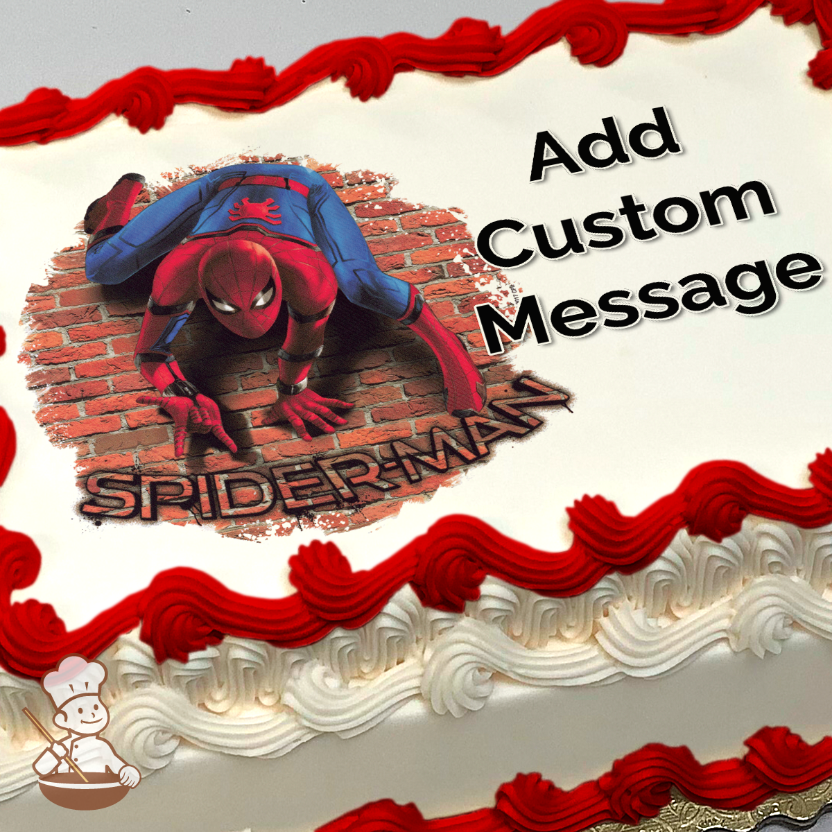 Spider-Man in action pose on brick wall background, printed on a sheet cake.