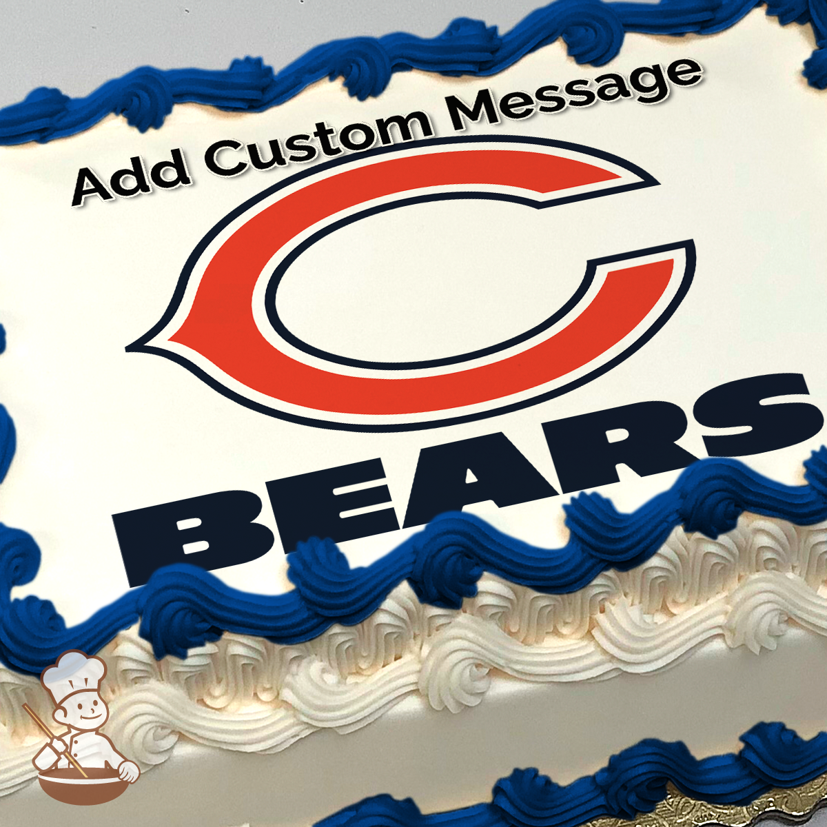 Chicago Bears logo with bold "BEARS" text beneath, on a solid background, printed on a sheet cake.