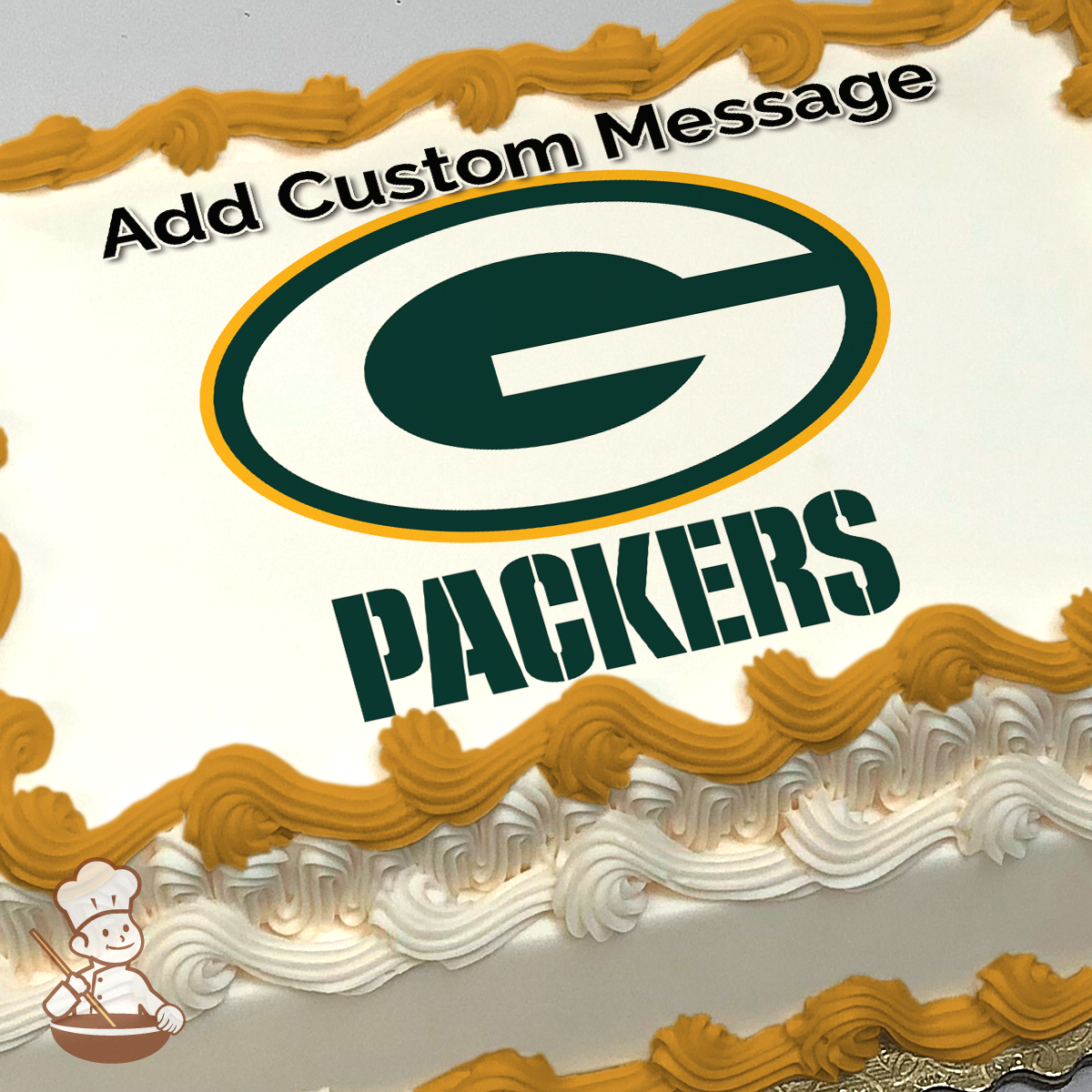 Green Bay Packers logo with the letter 'G' and the word 'PACKERS' on a white background, printed on a sheet cake.
