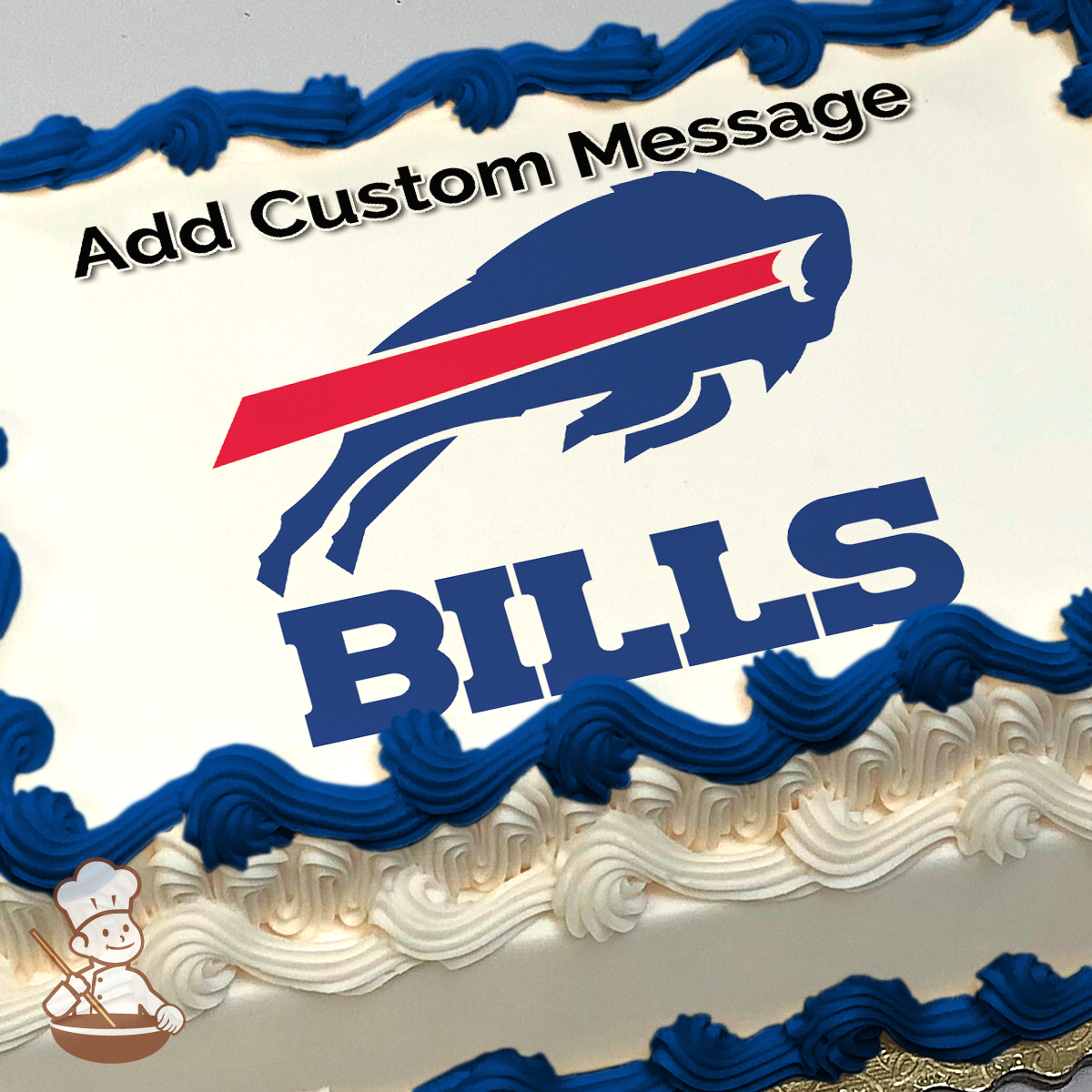 Illustration of the Buffalo Bills logo with a red, white, and blue charging buffalo above the word "BILLS" printed on a sheet cake.