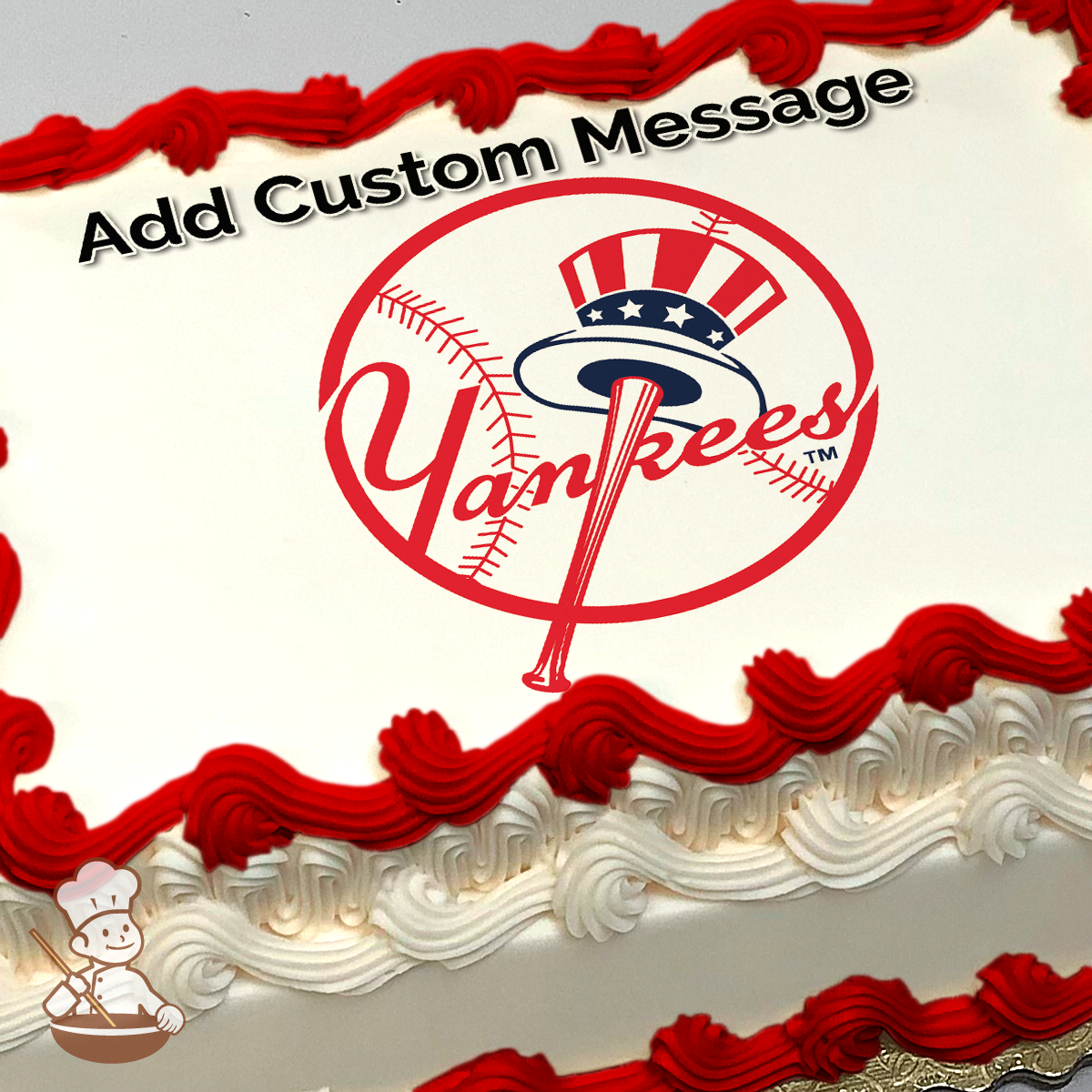 New York Yankees baseball logo with red, white, and blue colors printed on a sheet cake.