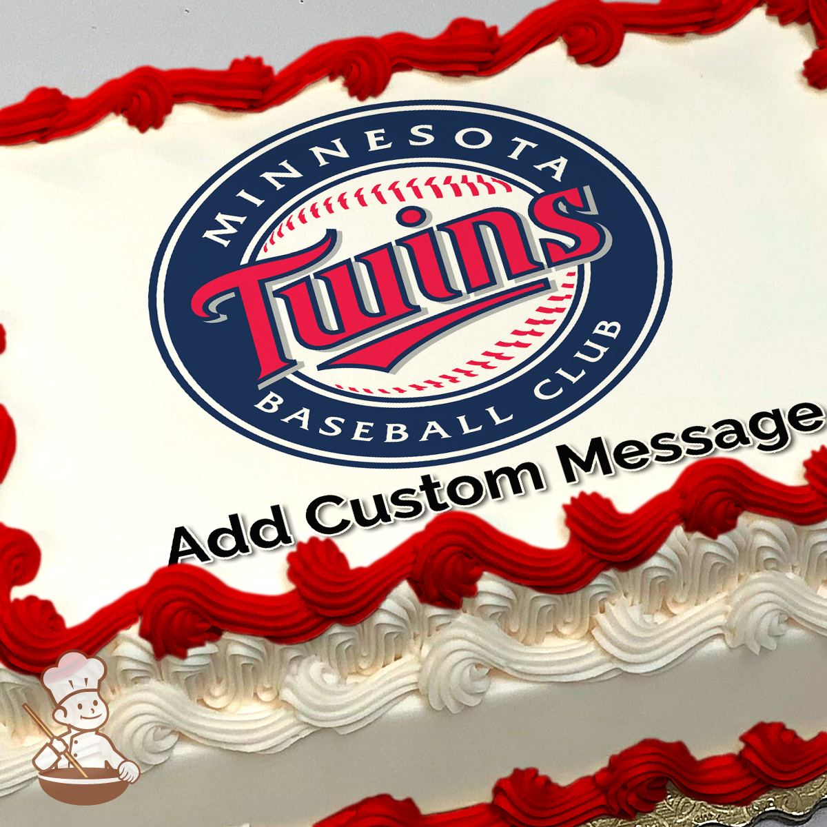 Minnesota Twins baseball team logo with red and blue colors on a sheet cake.