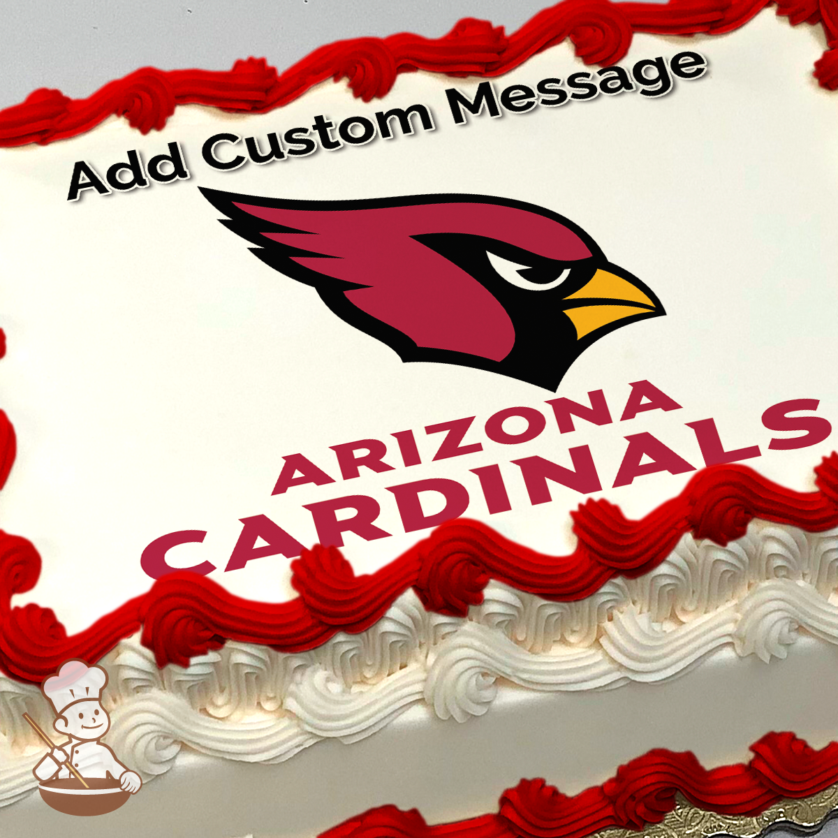 Illustration of the Arizona Cardinals logo with bold team name on a white background, printed on a sheet cake.