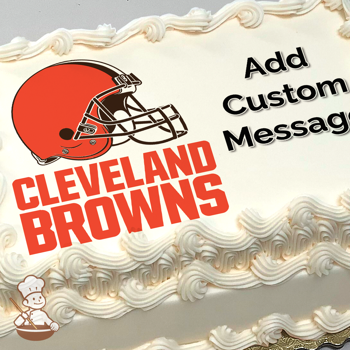 Illustration of a Cleveland Browns football helmet with the team's name in bold red letters, on a plain background, printed on a sheet cake.
