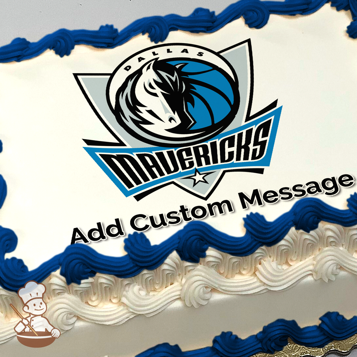 Dallas Mavericks basketball team logo with a horse's head and basketball, on a sheet cake.