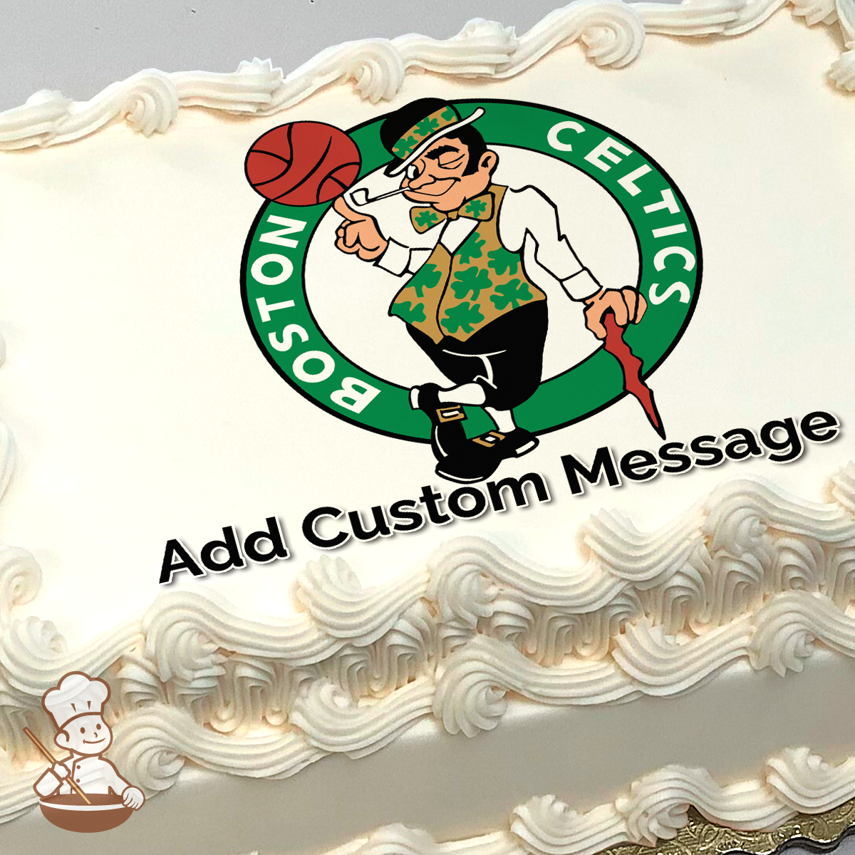 Illustration of a leprechaun spinning a basketball on his finger, with "Boston Celtics" text, on a sheet cake.