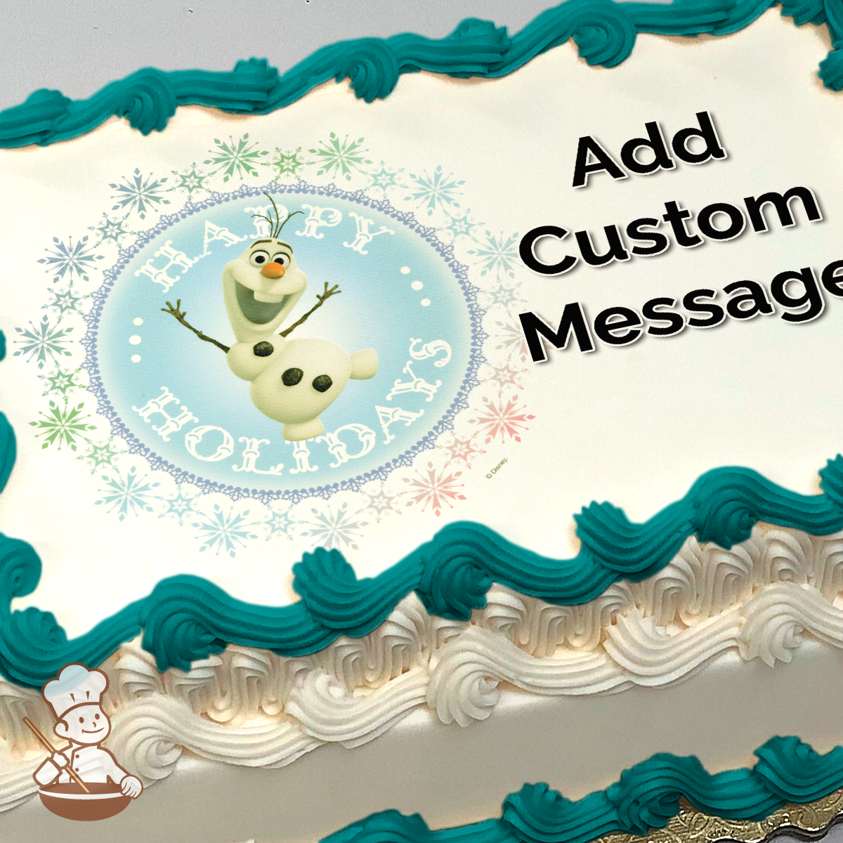 Olaf from Frozen on a festive blue background with snowflakes and "Happy Holidays" text, printed on a sheet cake.