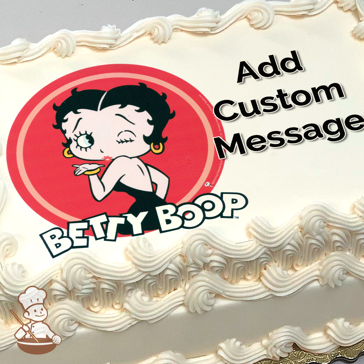 Cartoon illustration of Betty Boop winking, with her name in bold letters, on a red circular background, printed on a sheet cake.