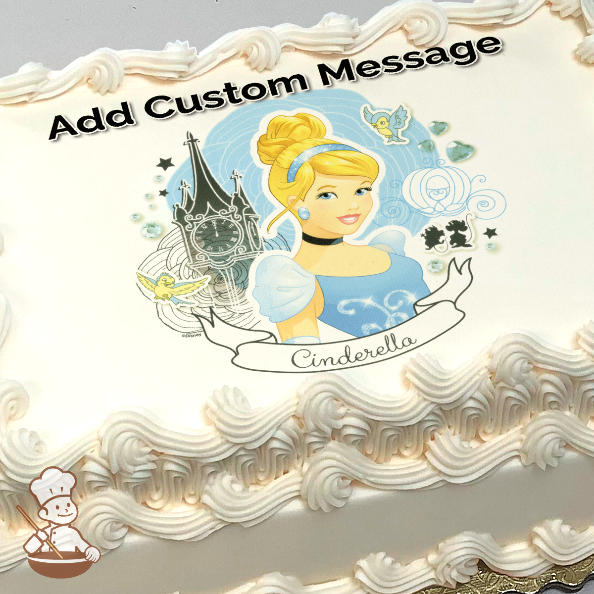 Cinderella with animal friends and castle in the background, printed on a sheet cake.
