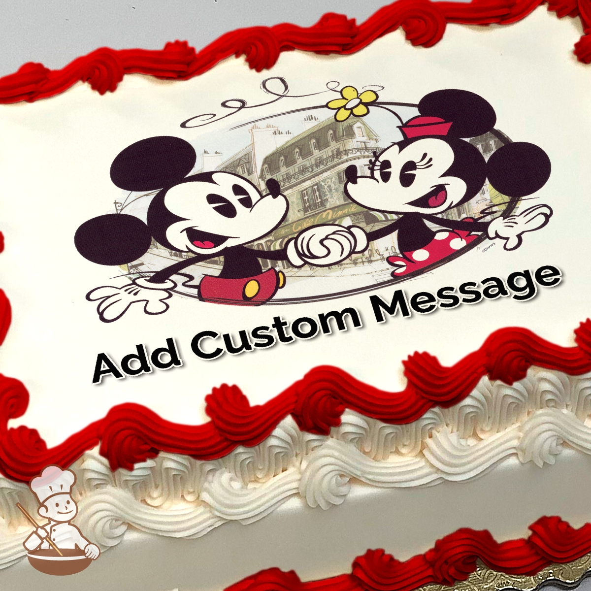 Mickey and Minnie Mouse holding hands with a Parisian street scene background, printed on a sheet cake.