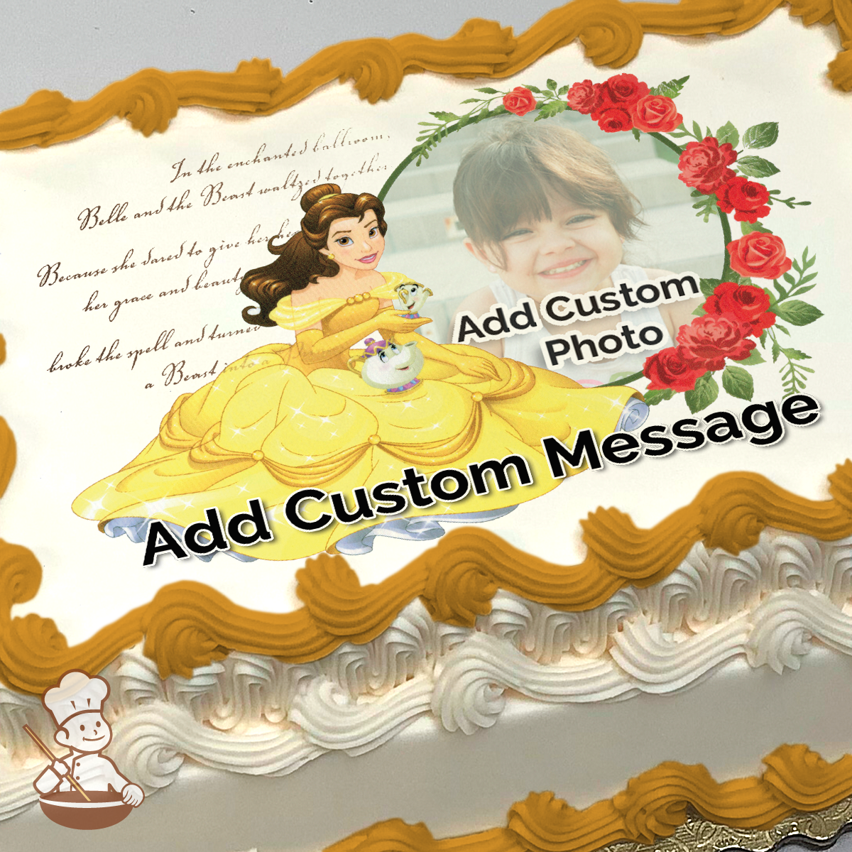 Belle in her yellow gown with Chip, framed by red roses, on a parchment-like background with cursive text, printed on a sheet cake.