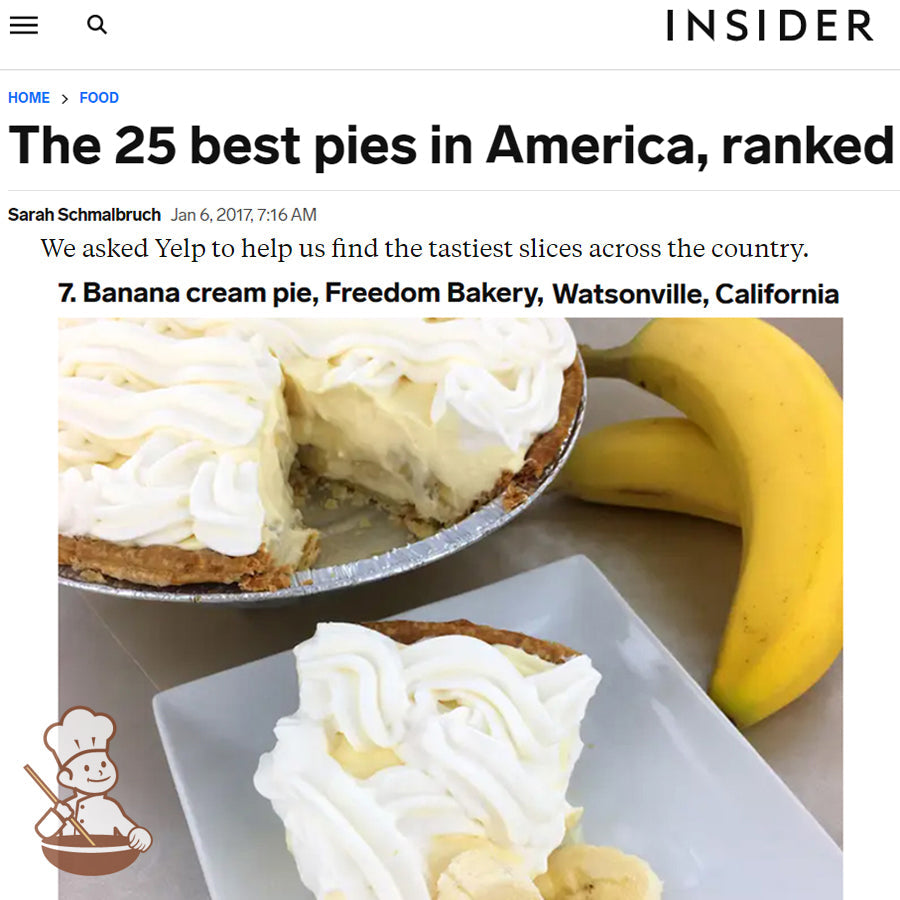 Screenshot of an article on the Top 25 Best Pies in America by Insider.Com, showing Freedom Bakery's Banana Cream Pie as #7.