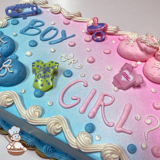 Baby shower sheet cake with pink and blue baby booties with onesies, baby pins and pacifier.
