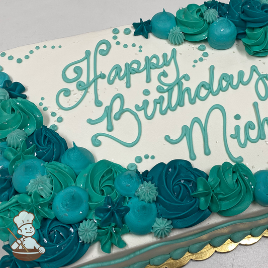 Birthday sheet cake with ocean and memaid themed swirls, corals, stars and underwater bubbles.