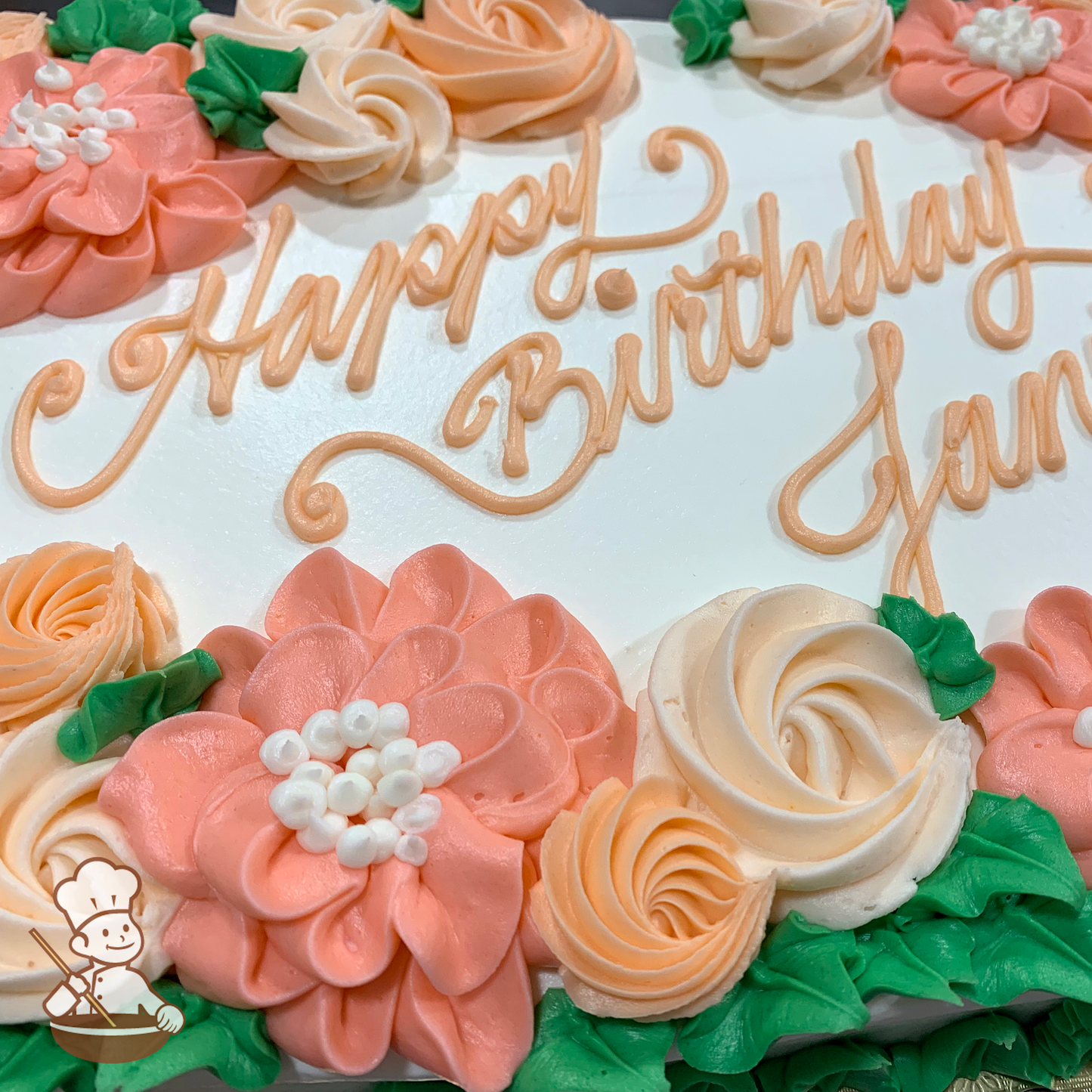 Birthday sheet cake with buttercream mums and swirlette flowers.