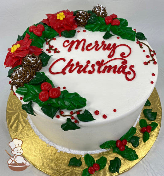 Single tier cake with smooth white icing, decorated with buttercream poinsettias, pine cones and holly plants.