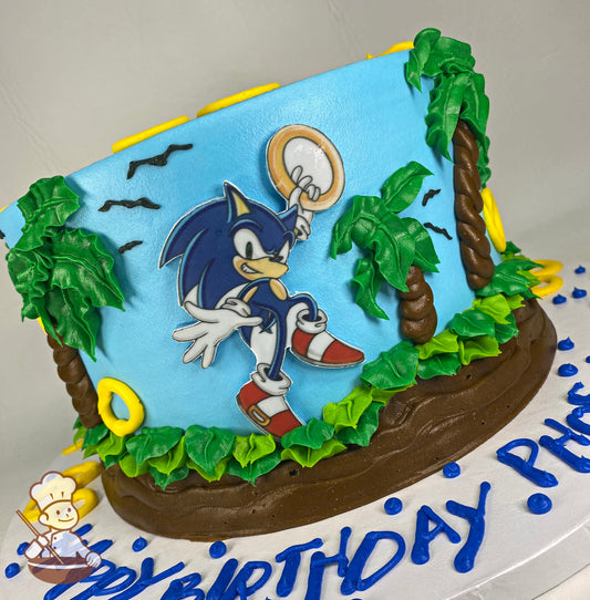 Single tier cake with light-blue icing and a printed image of sonic in front of the cake. The cake also has buttercream palm trees and rings.