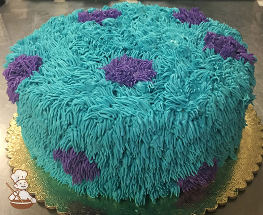 Single tier cake decorated to look like Sully's fur.