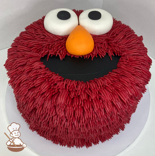 Single tier cake decorated to look like Elmo's face.