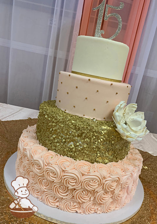 4-tier cake decorated with peach colored buttercream rosette swirls on bottom tier, gold sprinkles on second tier and gold pearls on third tier.