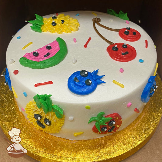 Single tier round cake with white icing and hand-drawn buttercream fruits: cherries, blueberries, watermelons, pineapples and strawberries.