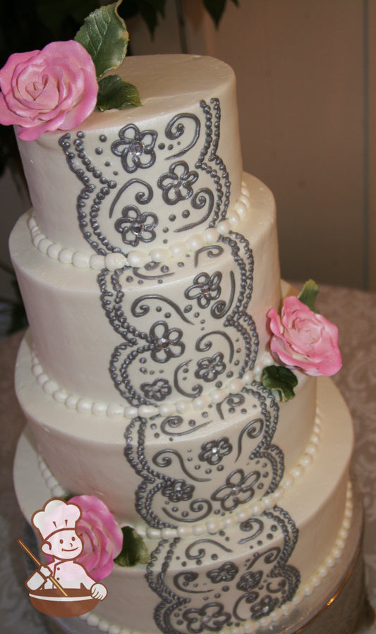 4-tier cake with smooth white icing and metallic silver piping's and pink sugar roses.