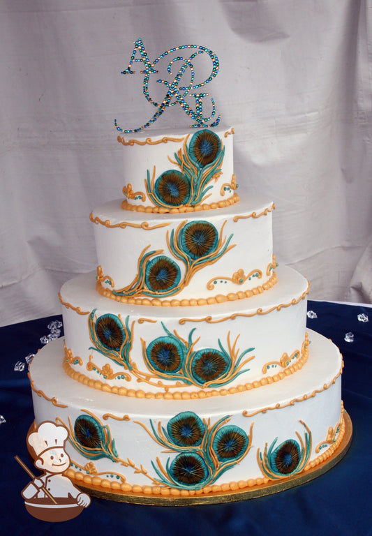 4-tier cake with hand piped peacock feather eyes.