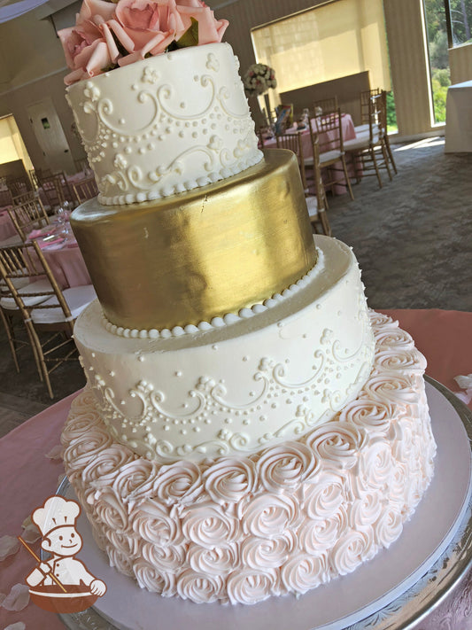 4 tier round wedding cake with pink rosette base, elegant vintage piping and brushed metallic gold tier.