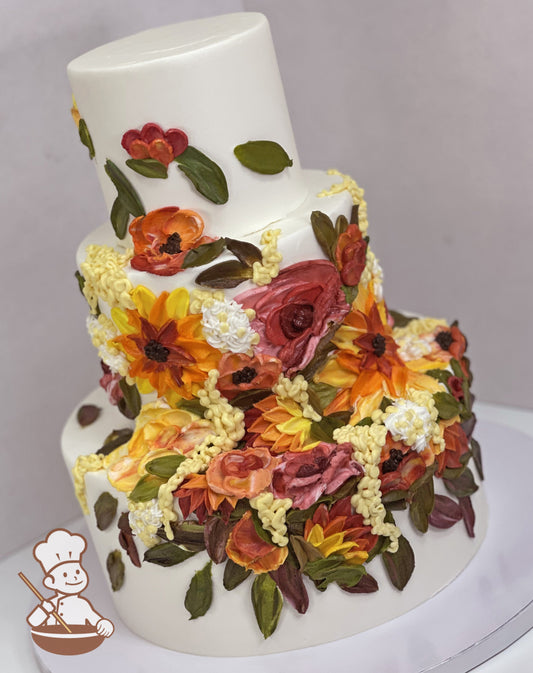 3 tier round cake with vibrant colored (burgundies, yellows, pinks, greens, oranges) oil painting styled buttercream design.