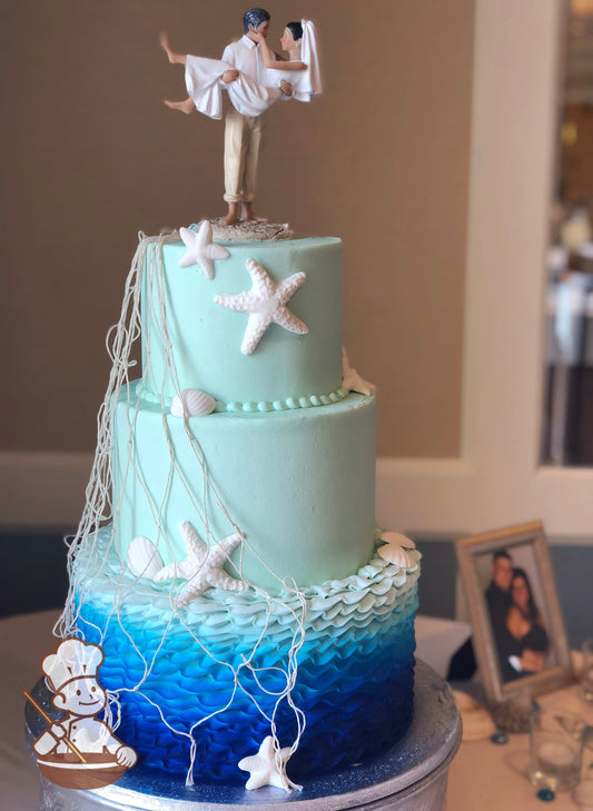 3-tier cake decorated with wavy buttercream piping in an ombre blue coloring on the bottom tier, smooth aqua-colored icing on the middle and top.