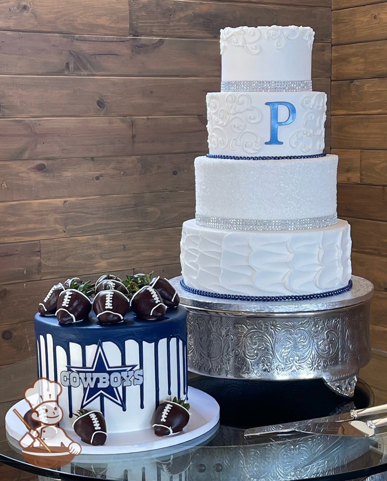 1-tier Dallas Cowboys Football team caked with blue drip decoration, presented in-front of the 4-tier cake on silver cake stand.