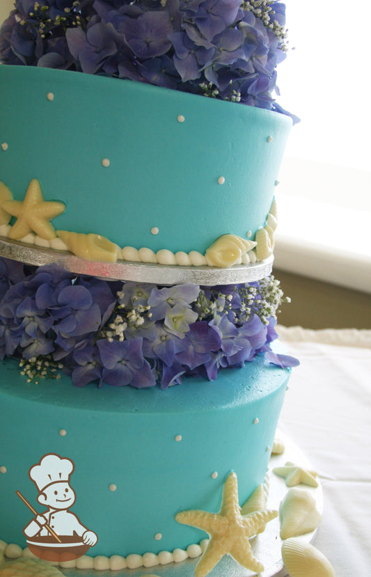 2-tier cake with swiss dots and seashells and decorated with hydrangeas between the tiers.
