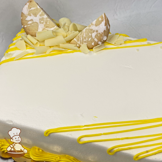 Sheet cake with butter shortbread cookies, white chocolate curls, whipped cream and decorated with yellow buttercream lines..