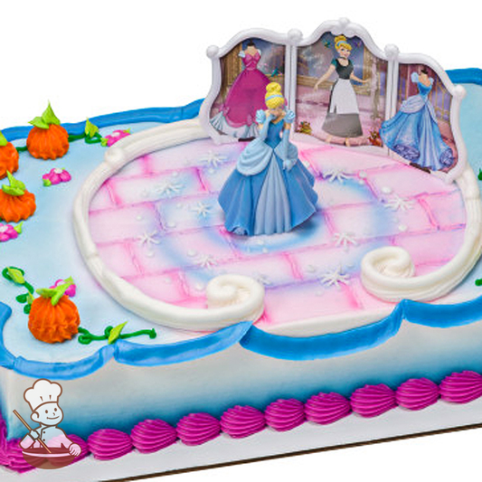 Birthday sheet cake with Cinderella toy.