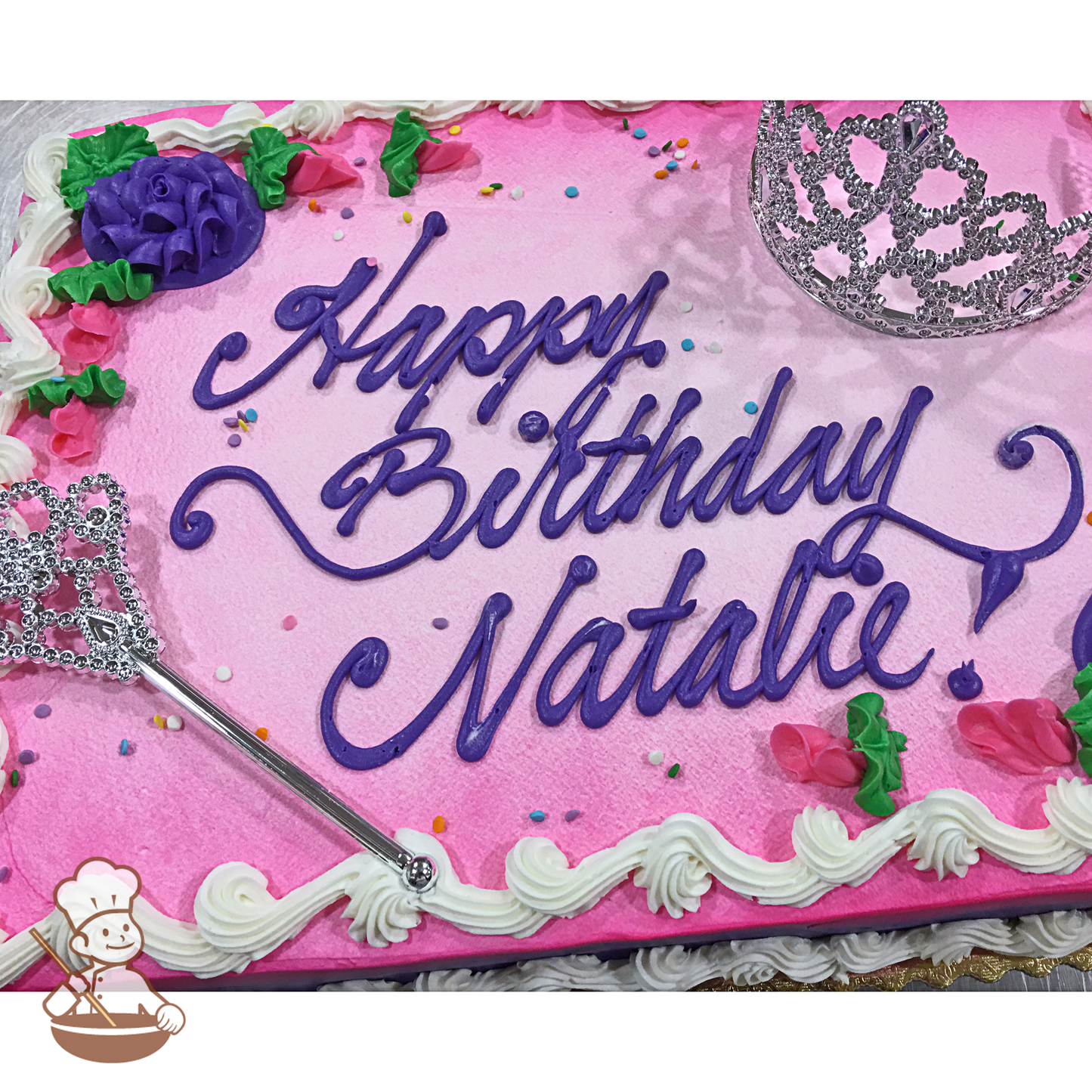 Birthday sheet cake with princess crown, scepter and roses.