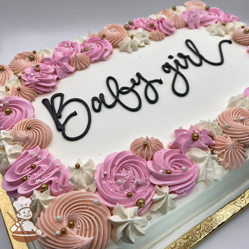 Sheet cake with assorted rosette swirl border in pink and white, featuring sugar pearls. Various piping styles and colors create a decorative edge.