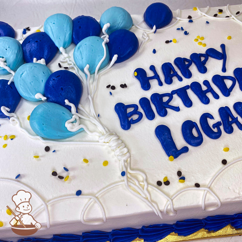 Sheet cake with white frosting, blue and light blue buttercream balloon decorations, piped white balloon strings, and yellow, black, and blue sprinkles.