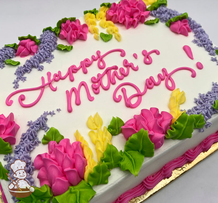 Sheet cake with buttercream decorations featuring pink bell flowers, yellow lupines, purple florals, and green leaves, vibrant and colorful design.