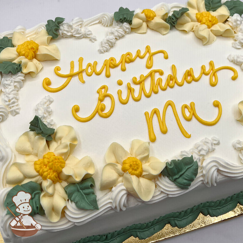 Sheet cake with white frosting, decorated with yellow and white buttercream flowers, green leaves, and white piped accents along the edges.