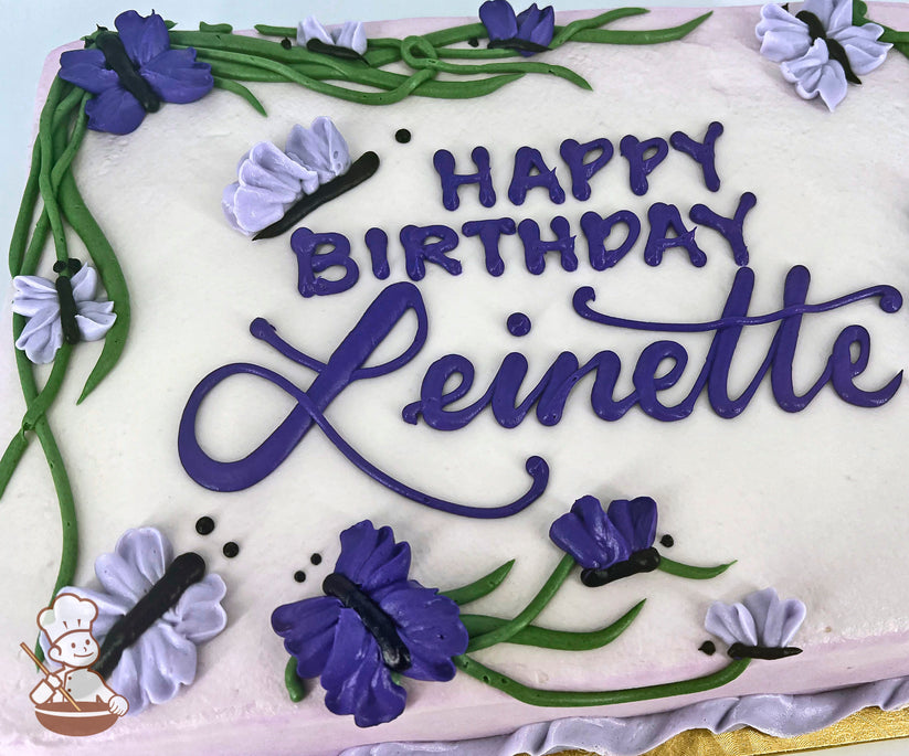 Sheet cake with purple and lavender buttercream butterflies and green vines decorations.