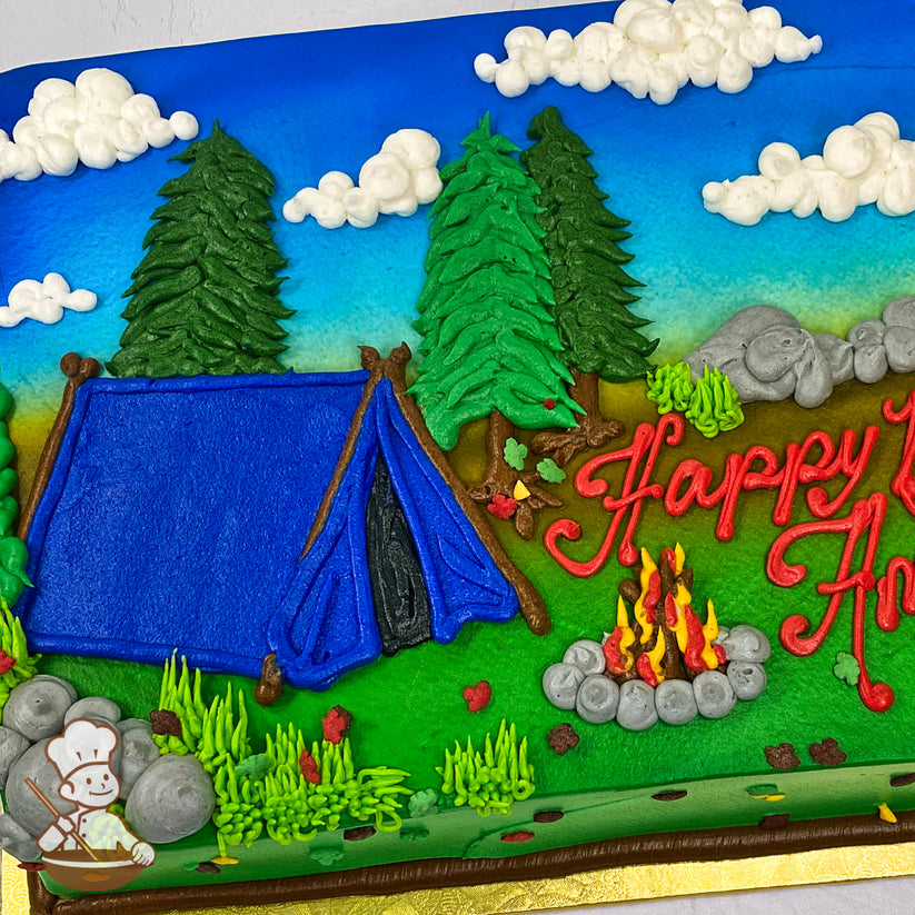 Sheet cake decorated with buttercream designs of a blue tent, green trees, gray rocks, a campfire with flames, white clouds, and a blue sky.