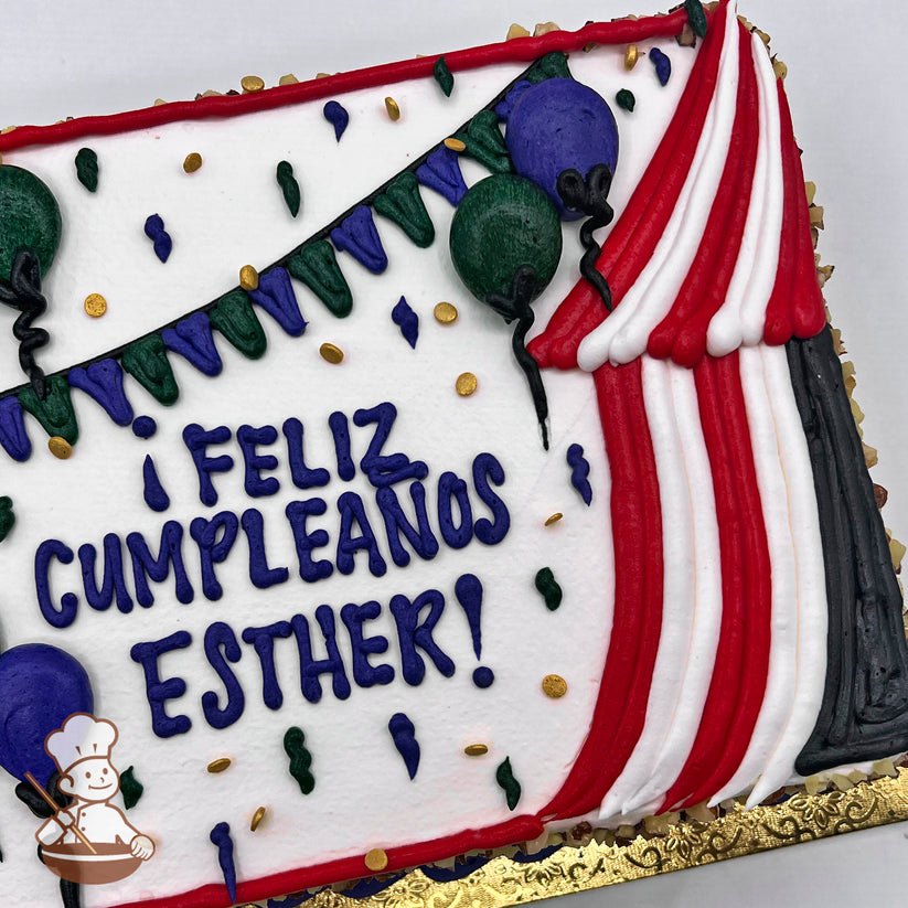 Sheet cake with buttercream decorations featuring a red and white striped carnival tent, green and purple balloons, and a green and purple banner.