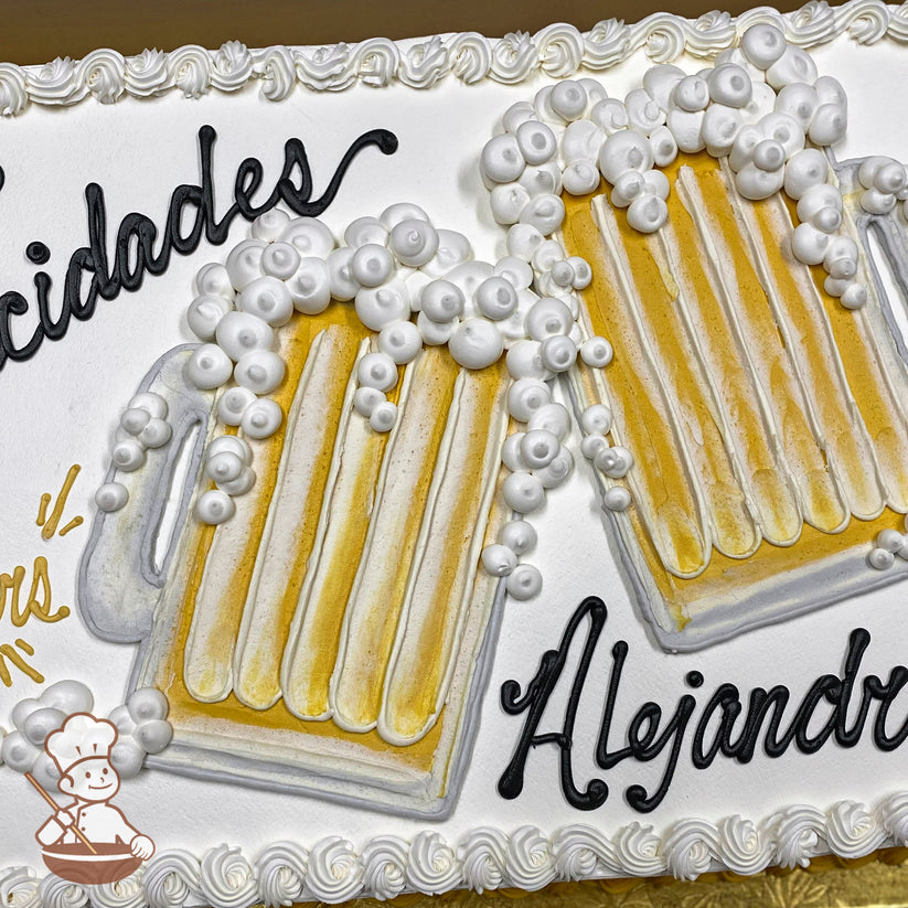 Sheet cake with buttercream decorations featuring two beer mugs filled with golden beer and white foam bubbles, surrounded by a piped border.