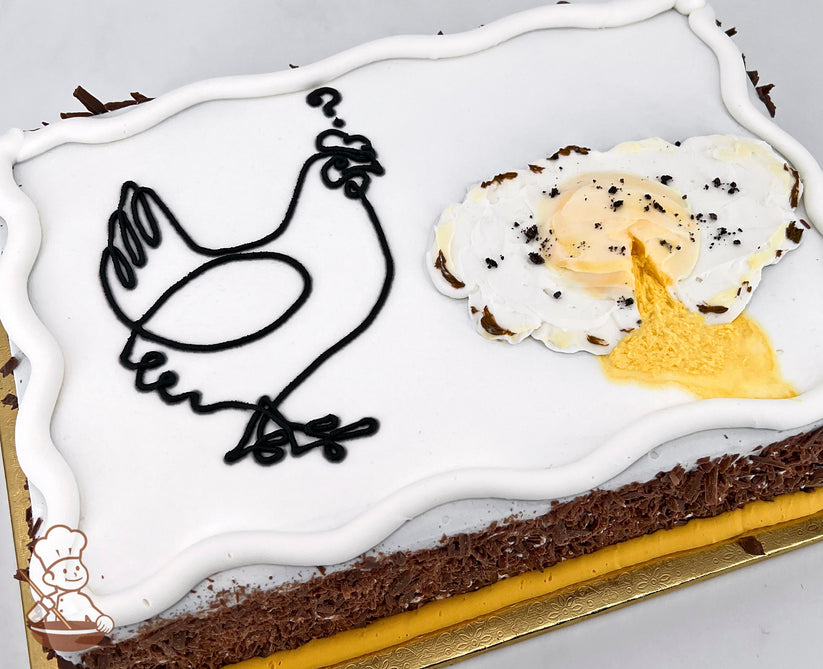 Sheet cake with white base, black piping of a chicken outline with a question mark above, and a fried egg design made of buttercream.