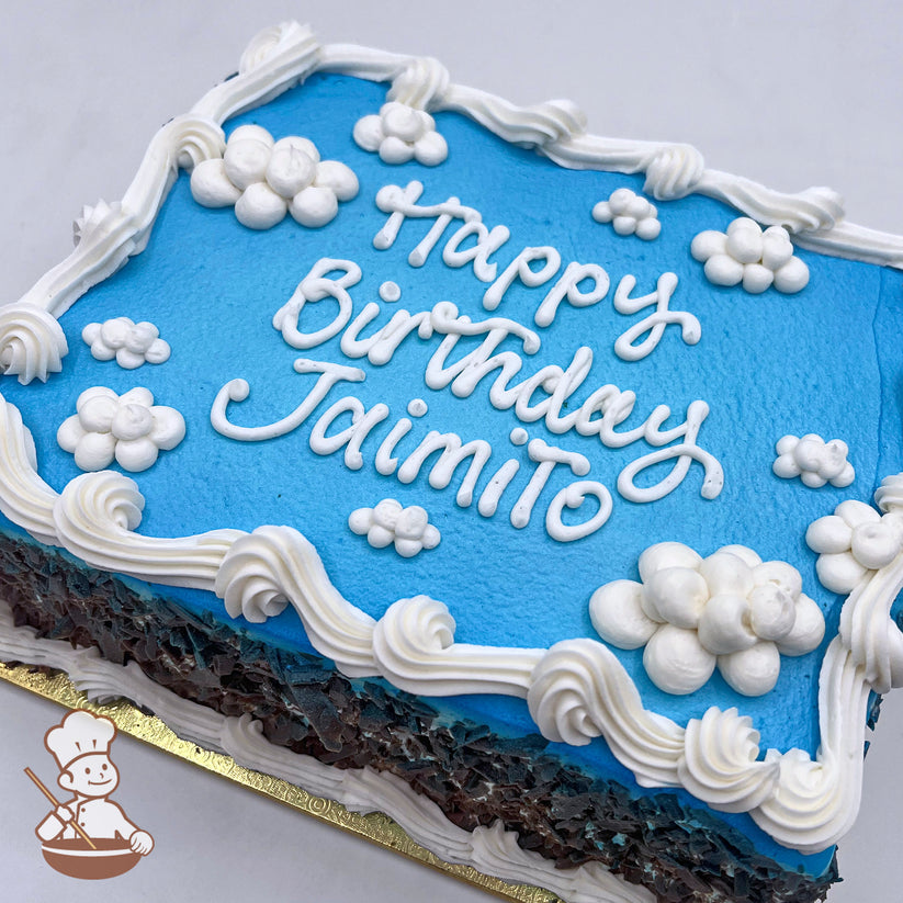 Blue sheet cake with white buttercream clouds and swirled border.